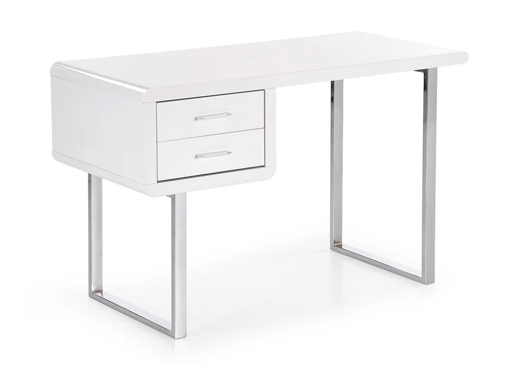 Minimalistinio dizaino rašomasis stalas B30 - nedidelis, blizgios baltos spalvos stalas su chromuotomis metalinėmis kojomis. Stalas turi du patogius stalčius.