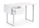 Minimalistinio dizaino rašomasis stalas B30 - nedidelis, blizgios baltos spalvos stalas su chromuotomis metalinėmis kojomis. Stalas turi du patogius stalčius.