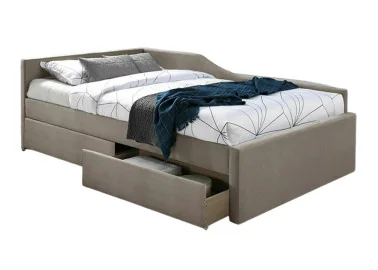 Minimalistinio dizaino viengulė smėlio spalvos lova Eliot Velvet su 120x200 cm miegamąja dalimi ir dviem stalčiais.