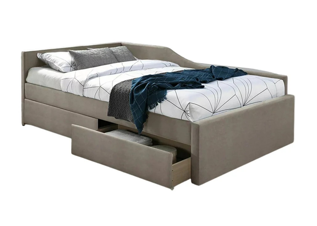 Minimalistinio dizaino viengulė smėlio spalvos lova Eliot Velvet su 120x200 cm miegamąja dalimi ir dviem stalčiais.