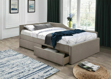 Minimalistinio dizaino viengulė smėlio spalvos lova Eliot Velvet su 120x200 cm miegamąja dalimi ir dviem stalčiais.
