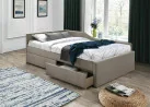 Minimalistinio dizaino viengulė smėlio spalvos lova Eliot Velvet su 120x200 cm miegamąja dalimi ir dviem stalčiais.