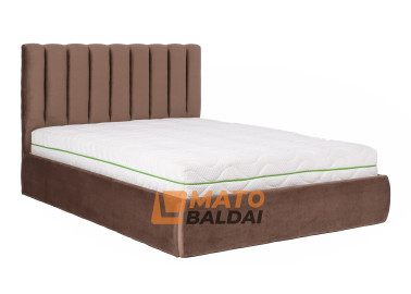 Rudos spalvos veliūrinė lova KAI-ETN - elegantiško dizaino dvigulė funkcionali lova su patalynės dėže, kietu dugnu ir natūralios medienos grotelėmis. Lova skirta 160x200 cm čiužiniui.