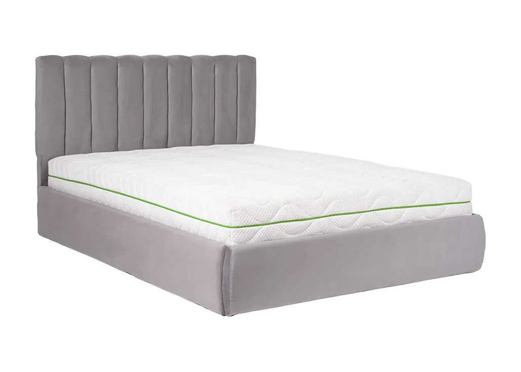 Pilkos spalvos lova KAI-ETN - elegantiško dizaino dvigulė funkcionali lova su patalynės dėže, kietu dugnu ir natūralios medienos grotelėmis. Lova skirta 160x200 cm čiužiniui.