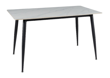 Valgomojo stalas RION – modernus ir stilingas pasirinkimas, sukurtas tiems, kurie vertina šiuolaikišką dizainą bei patvarumą. Baltos marmuro imitacijos keraminis stalviršis derinamas su juodo metalo rėmu, todėl baldas atrodo elegantiškai ir kartu solidžiai.