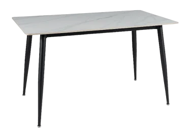 Valgomojo stalas RION – modernus ir stilingas pasirinkimas, sukurtas tiems, kurie vertina šiuolaikišką dizainą bei patvarumą. Baltos marmuro imitacijos keraminis stalviršis derinamas su juodo metalo rėmu, todėl baldas atrodo elegantiškai ir kartu solidžiai.