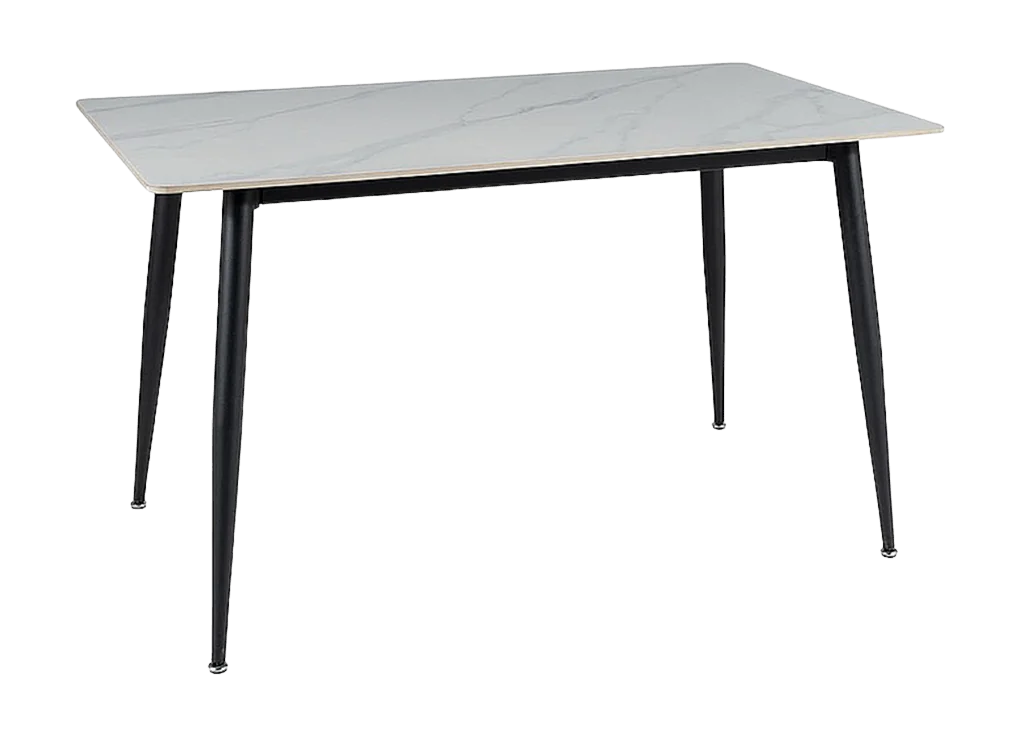 Valgomojo stalas RION – modernus ir stilingas pasirinkimas, sukurtas tiems, kurie vertina šiuolaikišką dizainą bei patvarumą. Baltos marmuro imitacijos keraminis stalviršis derinamas su juodo metalo rėmu, todėl baldas atrodo elegantiškai ir kartu solidžiai.