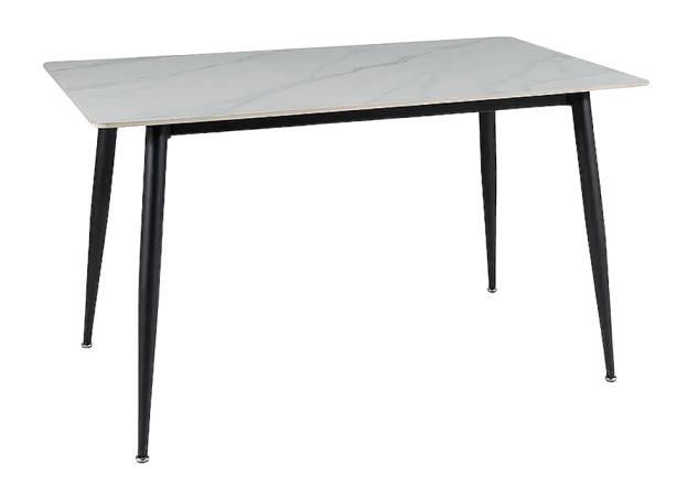 Valgomojo stalas RION – modernus ir stilingas pasirinkimas, sukurtas tiems, kurie vertina šiuolaikišką dizainą bei patvarumą. Baltos marmuro imitacijos keraminis stalviršis derinamas su juodo metalo rėmu, todėl baldas atrodo elegantiškai ir kartu solidžiai.