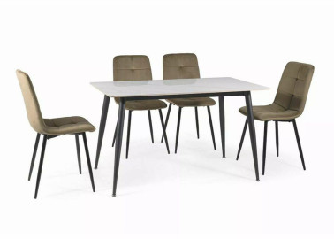 Valgomojo stalas RION – modernus ir stilingas pasirinkimas, sukurtas tiems, kurie vertina šiuolaikišką dizainą bei patvarumą. Baltos marmuro imitacijos keraminis stalviršis derinamas su juodo metalo rėmu, todėl baldas atrodo elegantiškai ir kartu solidžiai.