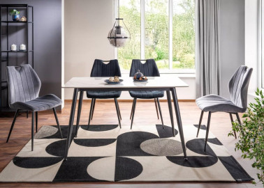 Valgomojo stalas RION – modernus ir stilingas pasirinkimas, sukurtas tiems, kurie vertina šiuolaikišką dizainą bei patvarumą. Baltos marmuro imitacijos keraminis stalviršis derinamas su juodo metalo rėmu, todėl baldas atrodo elegantiškai ir kartu solidžiai.