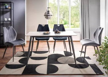 Valgomojo stalas RION – modernus ir stilingas pasirinkimas, sukurtas tiems, kurie vertina šiuolaikišką dizainą bei patvarumą. Baltos marmuro imitacijos keraminis stalviršis derinamas su juodo metalo rėmu, todėl baldas atrodo elegantiškai ir kartu solidžiai.