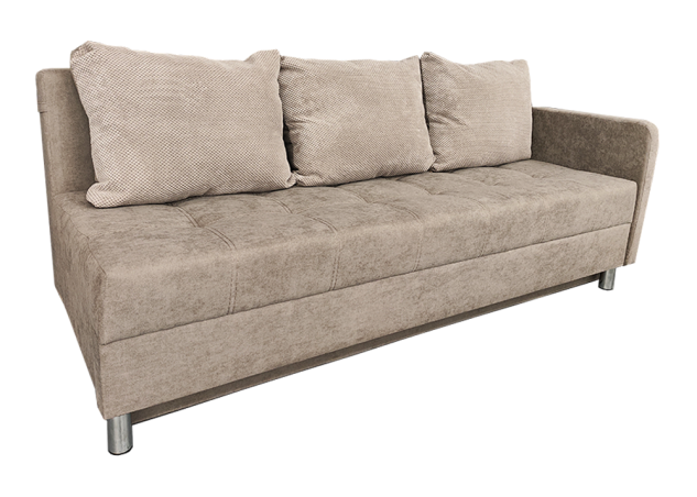 Sofa - ELE-BEN 89 – stilingas ir funkcionalus baldas su išskleidžiama miego funkcija. Smėlio spalvos modelis su trimis dvipusėmis pagalvėmis. Idealus svetainei, miegamajam ar kitoms erdvėms. Kampo pusė universali!
