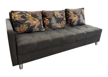 Sofa - ELE-BEN 89 – stilingas ir funkcionalus baldas su išskleidžiama miego funkcija. Tamsiai pilkos spalvos modelis su trimis dvipusėmis pagalvėmis. Idealus svetainei, miegamajam ar kitoms erdvėms. Kampo pusė universali!
