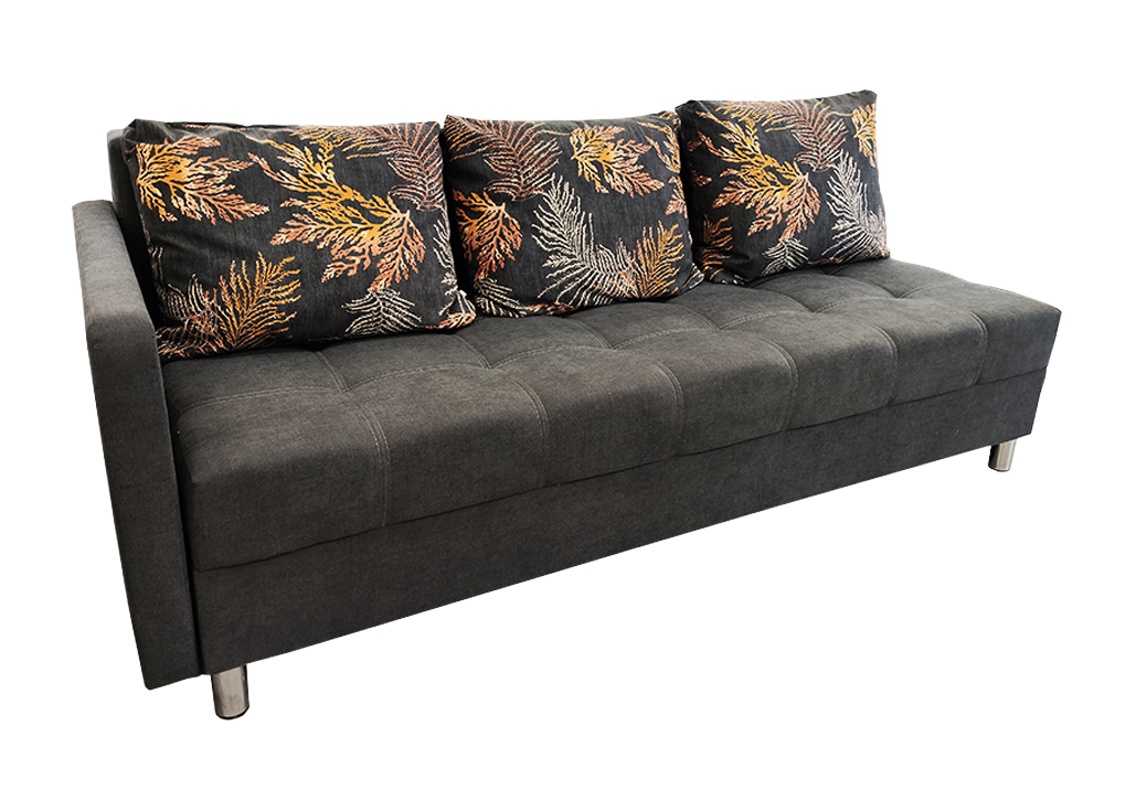 Sofa - ELE-BEN 89 – stilingas ir funkcionalus baldas su išskleidžiama miego funkcija. Tamsiai pilkos spalvos modelis su trimis dvipusėmis pagalvėmis. Idealus svetainei, miegamajam ar kitoms erdvėms. Kampo pusė universali!