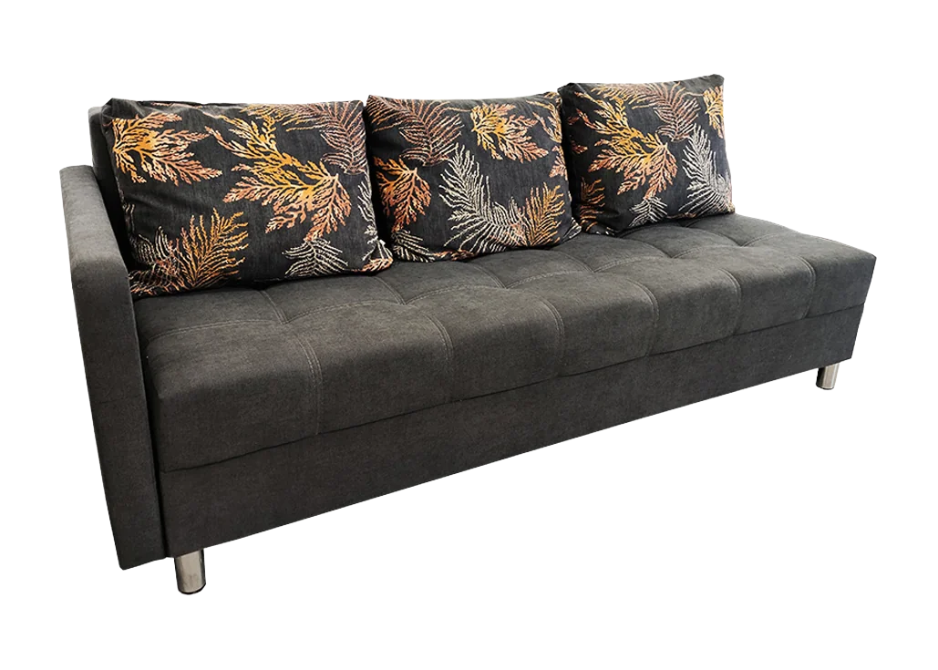 Sofa - ELE-BEN 89 – stilingas ir funkcionalus baldas su išskleidžiama miego funkcija. Tamsiai pilkos spalvos modelis su trimis dvipusėmis pagalvėmis. Idealus svetainei, miegamajam ar kitoms erdvėms. Kampo pusė universali!