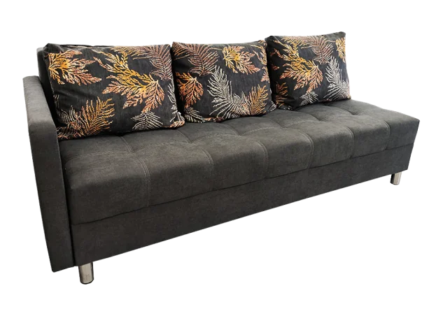 Sofa - ELE-BEN 89 – stilingas ir funkcionalus baldas su išskleidžiama miego funkcija. Tamsiai pilkos spalvos modelis su trimis dvipusėmis pagalvėmis. Idealus svetainei, miegamajam ar kitoms erdvėms. Kampo pusė universali!