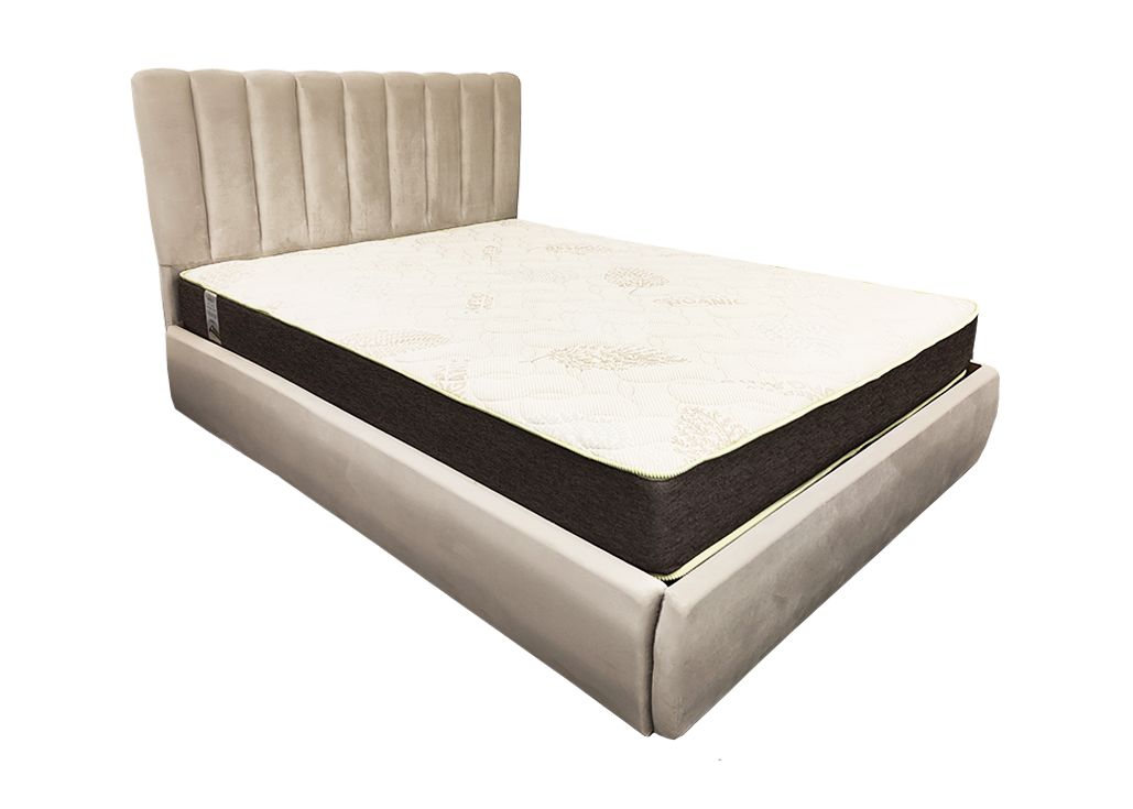 Smėlio spalvos lova ETNA - elegantiško dizaino dvigulė funkcionali lova su patalynės dėže, kietu dugnu ir natūralios medienos grotelėmis.