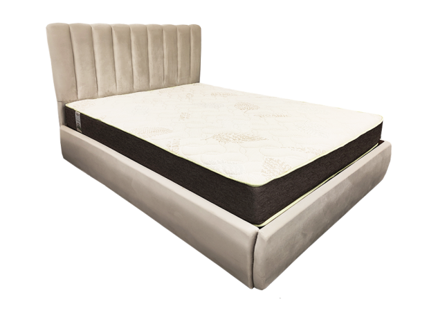 Smėlio spalvos lova ETNA - elegantiško dizaino dvigulė funkcionali lova su patalynės dėže, kietu dugnu ir natūralios medienos grotelėmis.