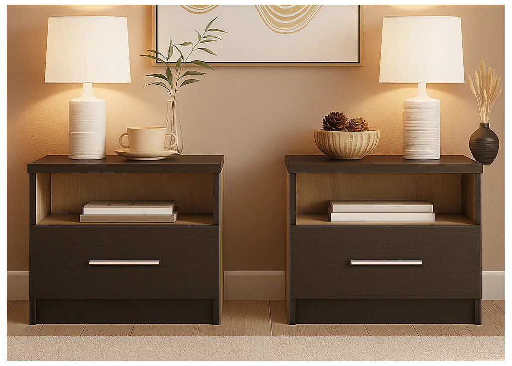 dviejų naktinių spintelių komplektas su vienu stalčiumi