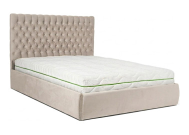 Smėlio spalvos veliūrinė lova AFINA. Chester dizaino dvigulė funkcionali lova su patalynės dėže, kietu dugnu ir natūralios medienos grotelėmis.