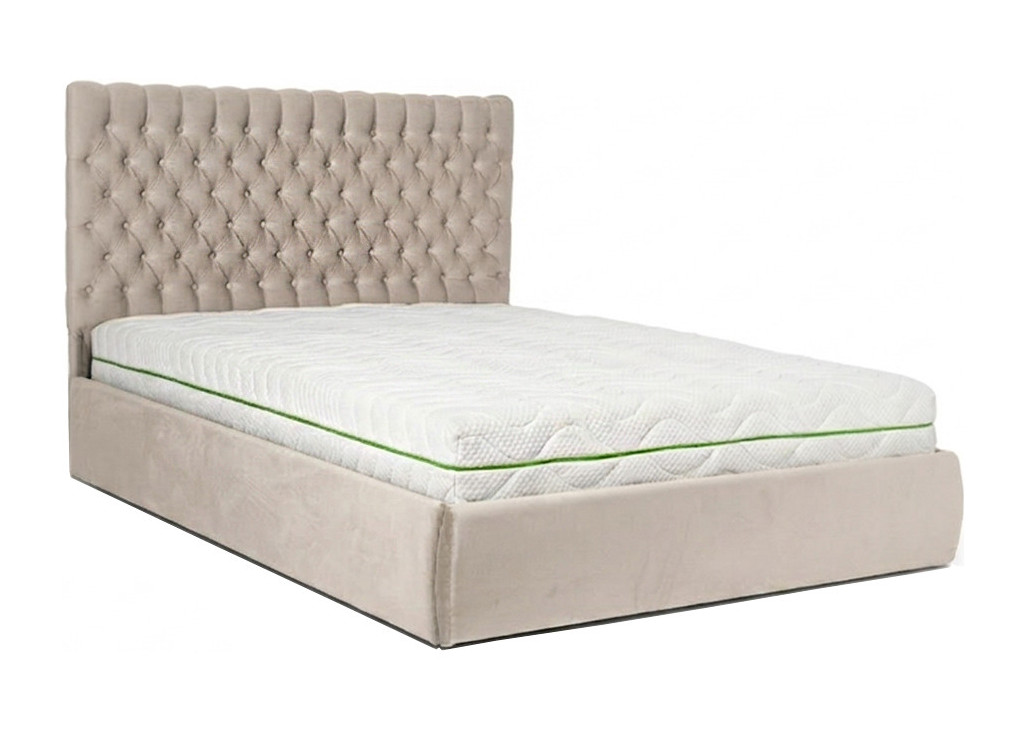 Smėlio spalvos veliūrinė lova AFINA. Chester dizaino dvigulė funkcionali lova su patalynės dėže, kietu dugnu ir natūralios medienos grotelėmis.