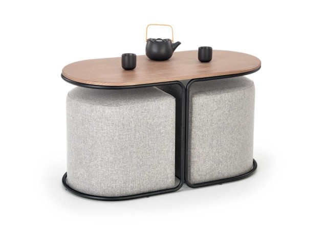 PAMPA coffee table with pouffes top walnut legs black pouffe grey0