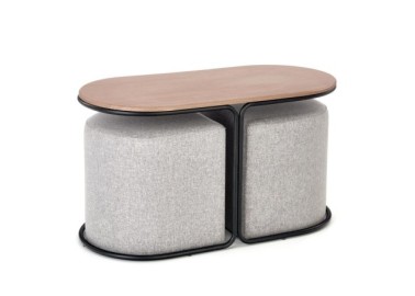 PAMPA coffee table with pouffes top walnut legs black pouffe grey2
