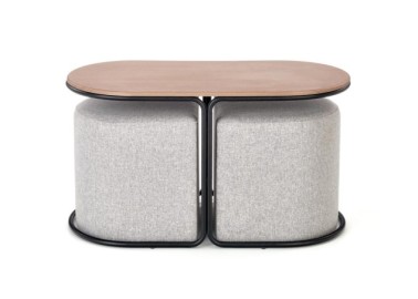 PAMPA coffee table with pouffes top walnut legs black pouffe grey6